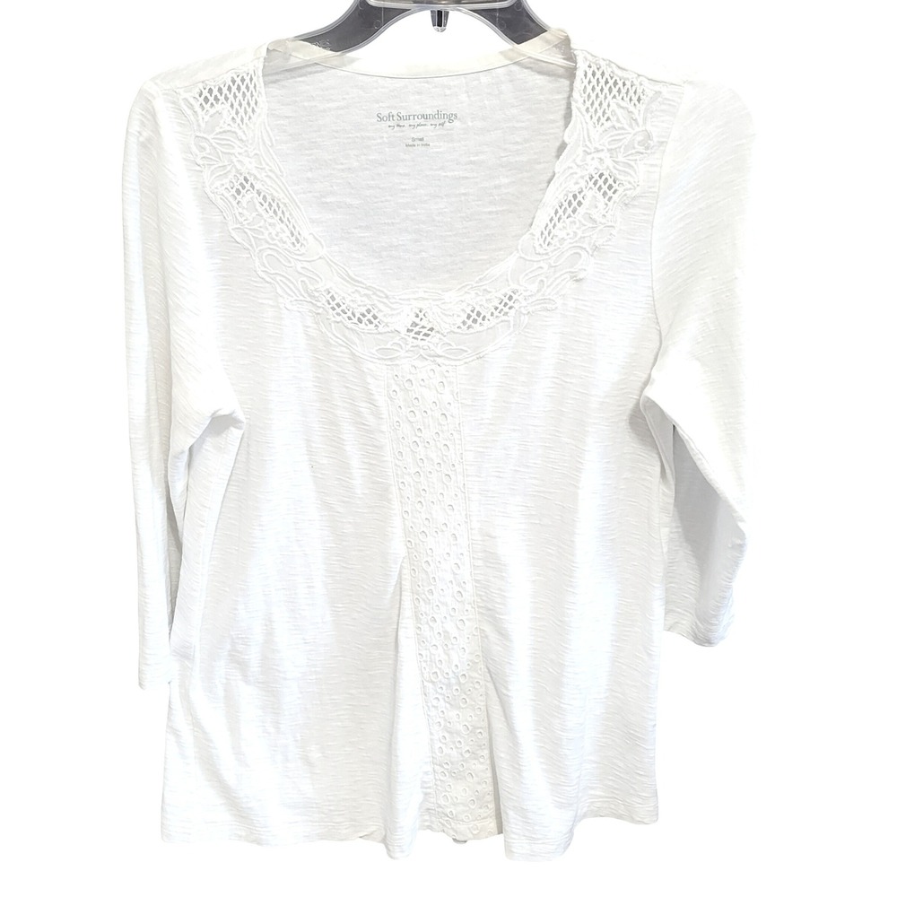 Soft Surroundings 2DD80 White Cotton Eyelet Crochet Top Women Small 3/4 Sleeve